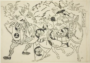 De reis van Teika (Taika no michiyuki), uit de serie "Beroemde scènes uit Japanse poppenkastvoorstellingen (Yamato irotake)".