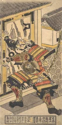 De acteur Bando Hikosaburo in de rol van Asahi na Saburo die de kasteeldeur openbreekt..., ca. 1730