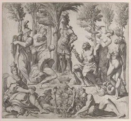 Allegorische compositie met zes Olympische goden rond een figuur in harnas