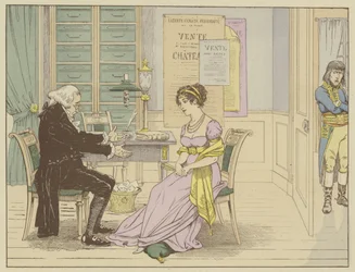 Meester Raguideau, notaris van de weduwe Beauharnais zegt tegen haar, niet wetende dat hij wordt afgeluisterd: Jij! Trouwen met deze kleine Bonaparte, een soldaat die niets anders heeft dan een cape en zwaard., 9 maart 1796