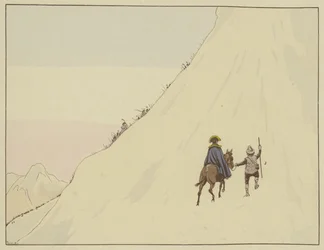 Napoleon passeerde de Mont St Bernard op een muilezel, geleid door een jonge man die hij royaal beloonde, 16 mei 1800