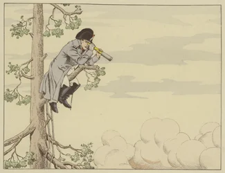 Napoleon kijkt naar de Slag bij Aspern-Essling vanaf de top van een boom op het eiland Lobau, 22 mei 1809