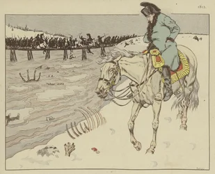 Napoleon kijkt naar de overblijfselen van zijn Grande Armée die de rivier de Berezina oversteken tijdens de terugtocht uit Moskou, 1812