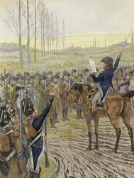 De woorden van Napoleon worden voorgelezen aan enkele van zijn troepen tijdens de Rijncampagne, 1805