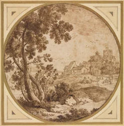 Landschap met gebouwen en figuren, tweede helft 1600s