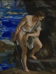 David overweegt het hoofd van Goliath