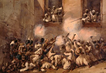 De 93e Hooglanders betreden de bres bij de bestorming van de Secundrabagh, Lucknow, 16 november 1857