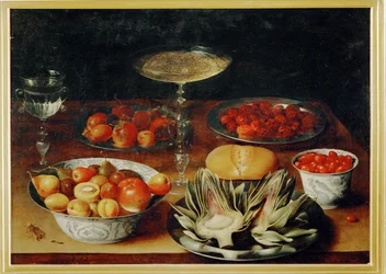 Artisjokken, fruit en kopjes (schilderij)