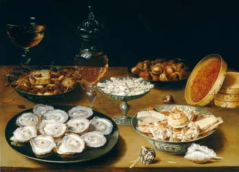 Gerechten met oesters, fruit en wijn, ca. 1620-25