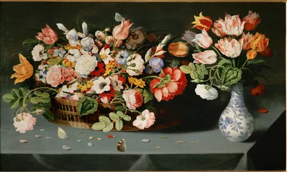 Stilleven met bloemen en vlinders (olieverf op hout)
