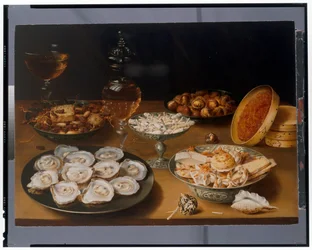 Stilleven van oesters op een tinnen bord