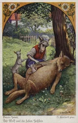 Scène uit De wolf en de zeven geitjes, door de gebroeders Grimm