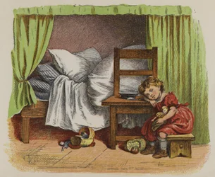 Klein meisje zittend naast haar bed (kleur litho)