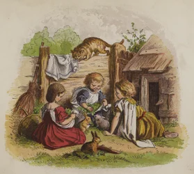 Drie meisjes die met hun huisdierkonijnen spelen, bekeken door een kat (kleur litho)