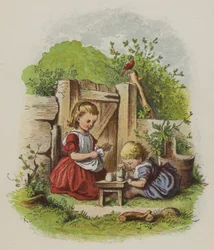Twee kleine meisjes spelen in een tuin (kleur litho)