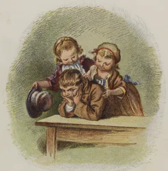 Twee kleine meisjes proberen een chagrijnige jongen op te vrolijken