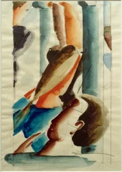 Vijf figuren tussen zuilen