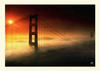 Mist bij zonsondergang bij de Golden Gate