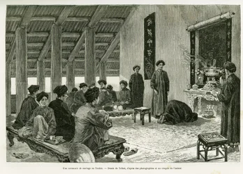 Een huwelijksceremonie in Tonkin. Gravure door Tofani, ter illustratie van het verhaal 
