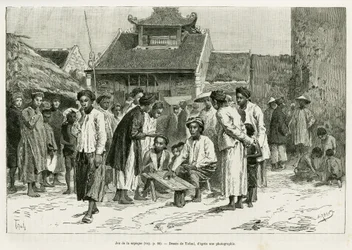 Spel van de sapeque. Gravure door Tofani, ter illustratie van het verhaal Trente mois au Tonkin, in 1884, door Dr Paul Hocquard, in le tour du monde 1890, onder leiding van Edouard Charton (1807-1890), Hachette, Parijs.