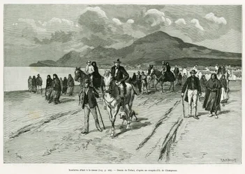 Eilandbewoners gaan naar de mis. Gravure door Tofani, ter illustratie van het verhaal Drie maanden in Ierland, in 1889, door Marie Anne de Bovet, in le tour du monde 1890, onder leiding van Edouard Charton (1807-1890), Hachette, Parijs.