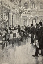 Italiaanse diplomaten proosten samen, Parijs, Frankrijk, gravure naar tekening van Gennaro Amato, naar schets van Osvaldo Tofani, uit L