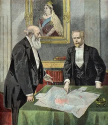 Lord Salisbury en Paul Cambon bakenen de invloedszones in Afrika af
