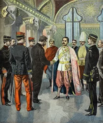 Paul Doumer ontvangen door koning Rama 5 van Siam in 1899 (gravure)