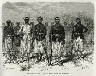 Senegalese ruiters van de expeditie-escorte. Gravure door Tofani, ter illustratie van het verhaal van Verkenning in Haut Niger, door commandant Gallieni, van de Mariniers, in 1880-1881, gepubliceerd in 