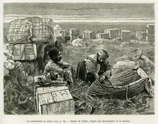 Smokkel van archeologische opgravingen in de Perzische woestijn. Gravure door Tofani, ter illustratie van het verhaal 