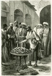 De visverkoper in Kachan (of Kashan, in de provincie Teheran, huidig Iran). Gravure naar een foto ter illustratie van het verhaal 