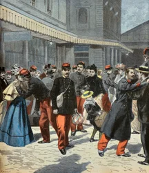 De terugkeer van de klas. Na hun militaire dienst worden de soldaten herenigd met hun families 1897 (Gravure)