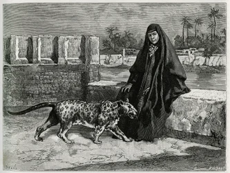 Torkan Khanoum, favoriet van sjeik Moses, machtige stamleider van Arabistan, met haar panter. Gravure door Tofani ter illustratie van het verhaal ‘Perzië, Chaldea en Susiana’