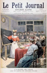 Jonge meisjes doen examens in een stadhuis, Frankrijk, 1895