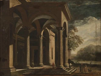 Architectonische fantasie paleis in een landschap