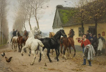 Een Rij Paarden Buiten een Herberg
