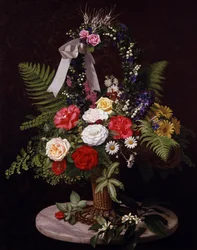 Stilleven van bloemen in een mand (madeliefjes, varens, rozen)