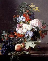 Stilleven met fruit en bloemen. Schilderij van Otto Didrik Ottesen (1816-1892) Privécollectie.