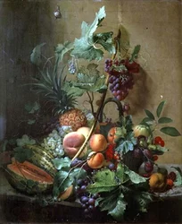 Stilleven van een meloen, pruimen, perziken