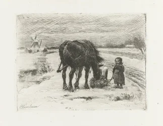 Sneeuwlandschap met kind en paard