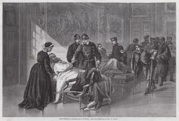Koning Wilhelm I van Pruisen ontmoet gewonde soldaten in het Palais de Versailles, Frankrijk, Frans-Pruisische Oorlog