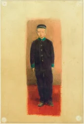 Zelfportret in weeshuisuniform (naar een foto)