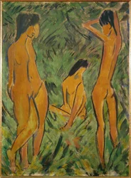 Jongen voor twee meisjes, één staand, één zittend (distemper op jute)