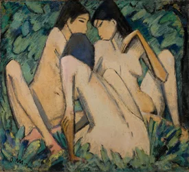 Drie meisjes in een bos, c.1920 (olieverf en tempera op paneel)