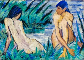 Twee meisjes in het riet, ca. 1920 (Olieverf op jute)