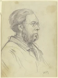 Busteportret van een man naar links met gevorkte baard en bril