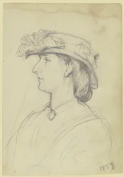 Portret van een dame met hoed in linkerprofiel
