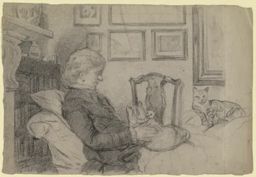 Luise Scholderer bij de open haard met veel katten