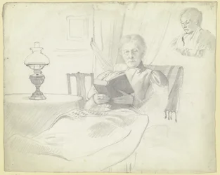 Luise Scholderer lezend met tafel en lamp, borstbeeld van een vrouwelijke figuur op de achtergrond