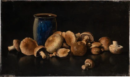 Stilleven met blauwe vaas en paddenstoelen